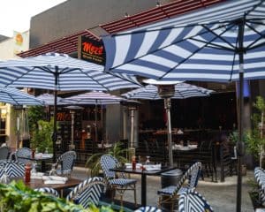 Outdoor patio at Meze Greek Fusion in San Diego