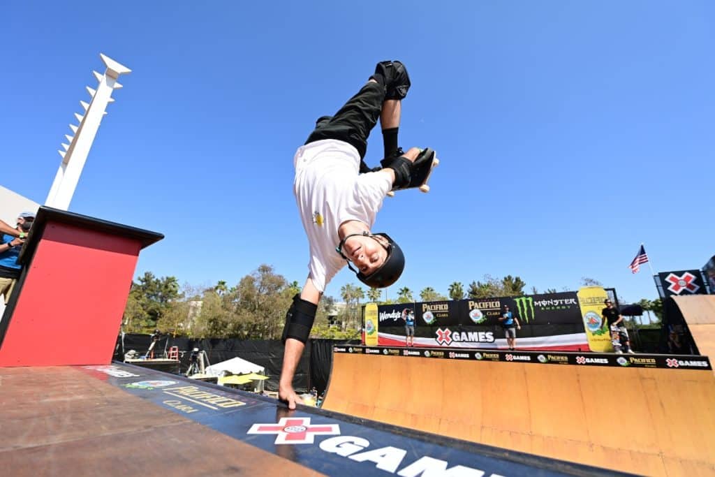 Tony Hawk does a skateboard trick