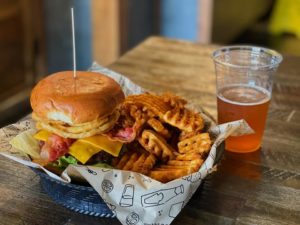 Burger and fries with beer from Anny's Fine Burger in San Diego