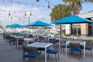 Outdoor patio on the marina at seafood restaurant Sally's Fish House & Bar in San Diego